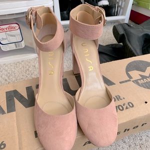 Light pink suede block heels
